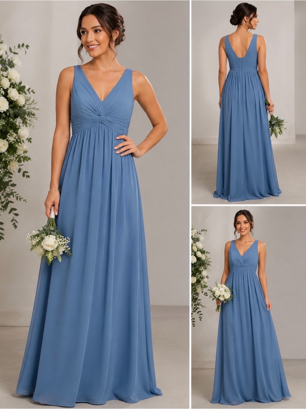 Azazie Yetta Steel Blue Chiffon Bridesmaid Maxi Dress Size A12 NWT